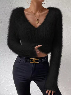 Black fluffy V-neck knit sweater with long sleeves and a cropped fit.