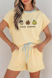 Cozy Season Embroidered Graphic Relaxed Two-piece Short Set in Pastel Yellow, front view