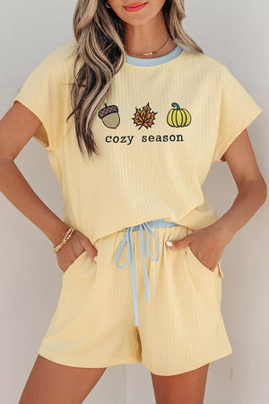 Cozy Season Embroidered Graphic Relaxed Two-piece Short Set in Pastel Yellow, front view