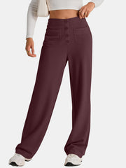 Button-front wide leg trousers in Deep Purple with four-button closure and flap pockets.