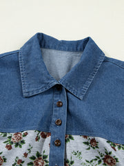 Denim patchwork blouse with floral print bottom and button-down front.