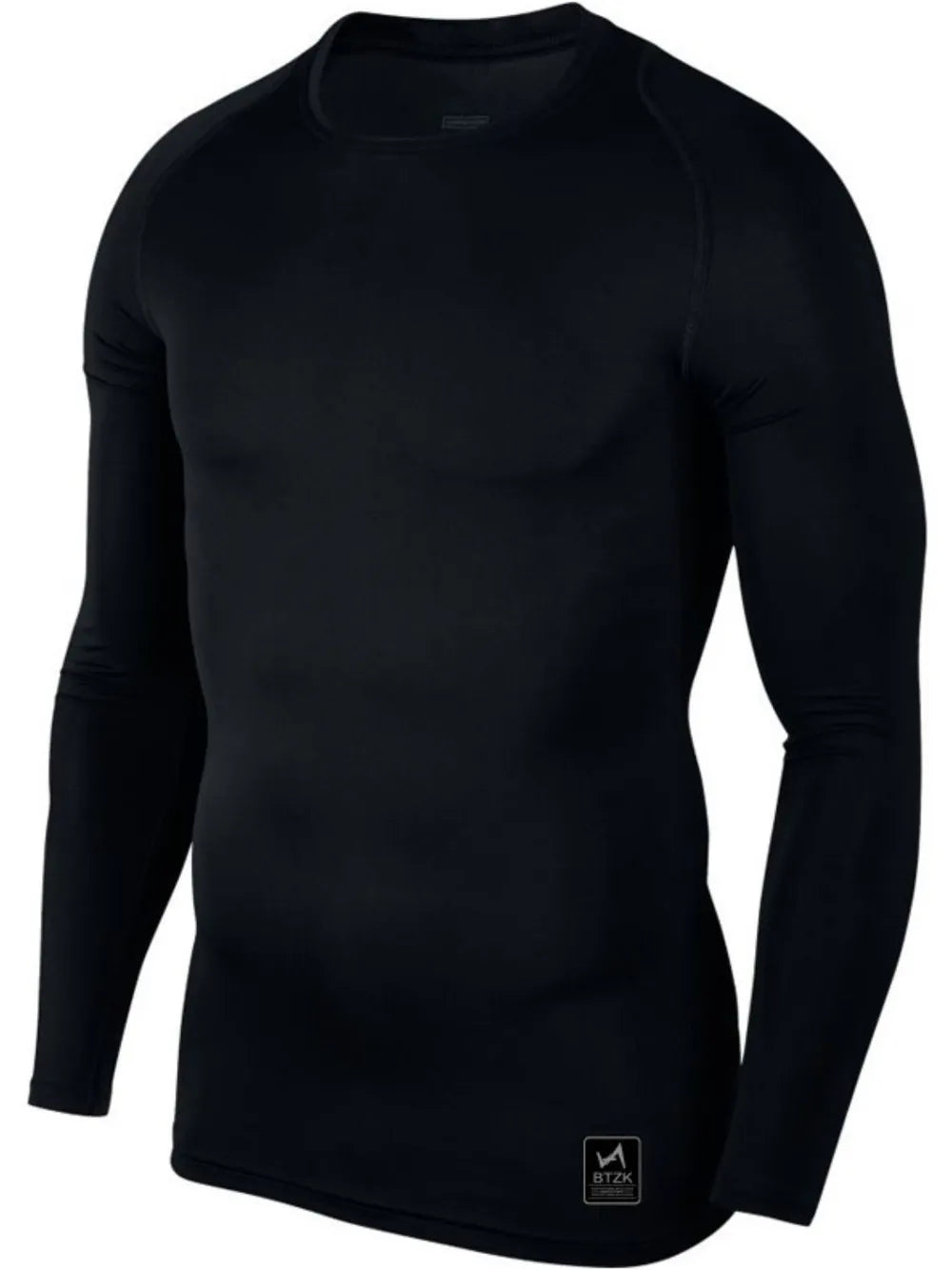 Black long sleeve performance tee with crew neck and subtle logo detail.