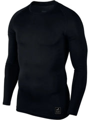 Black long sleeve performance tee with crew neck and subtle logo detail.