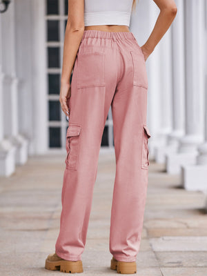 Dusty pink wide-leg cargo pants with utility pockets and elastic waistband.
