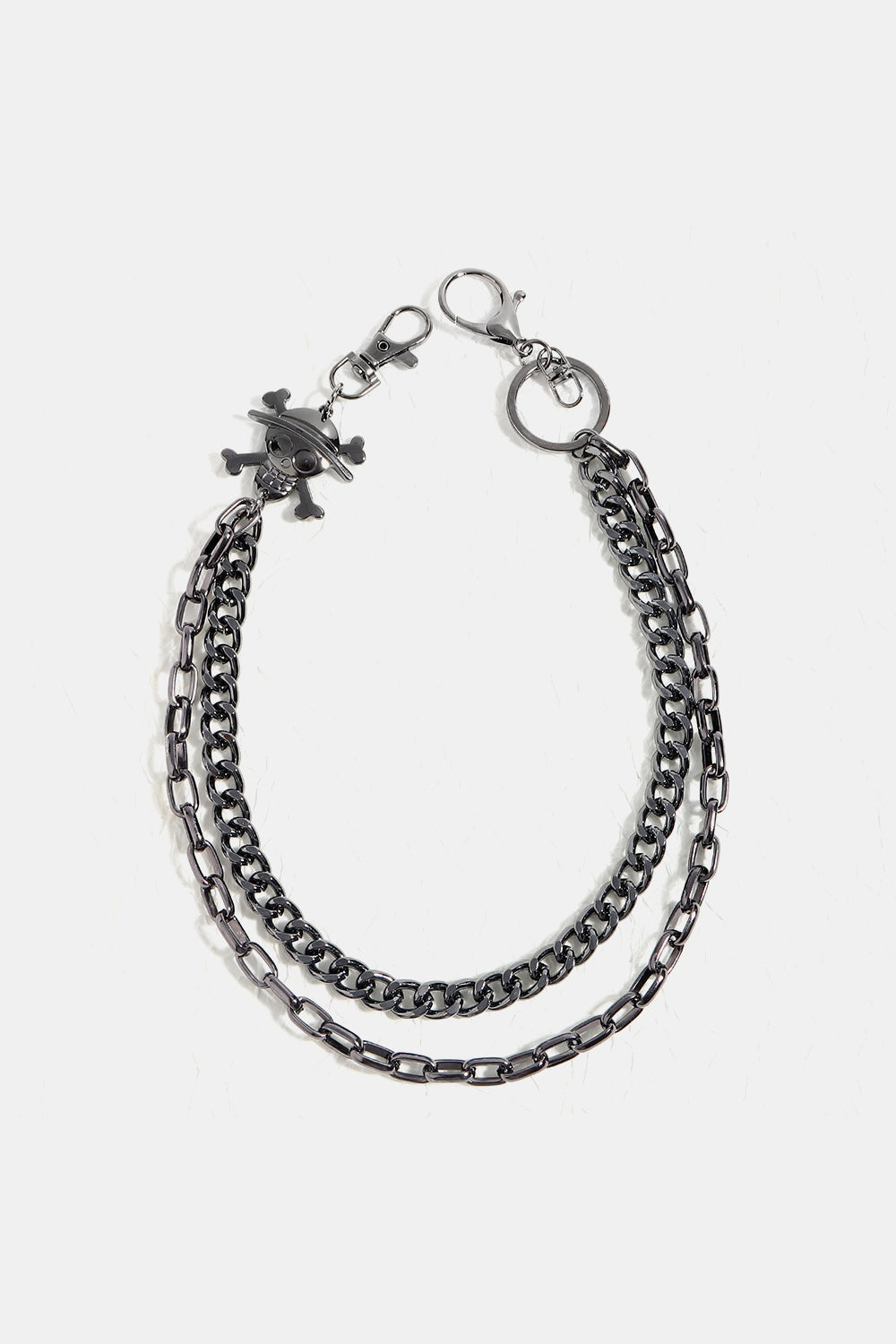 Black alloy wallet chain with skull and crossbones charm and lobster clasps.