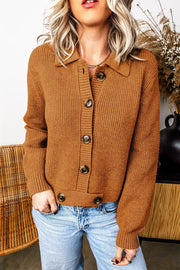 Ribbed Knit Collar Button Front Cardigan in Caramel, front view