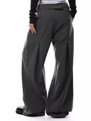 Charcoal pinstripe wide-leg maternity trousers with button front and pleats.