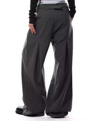 Charcoal pinstripe wide-leg maternity trousers with button front and pleats.
