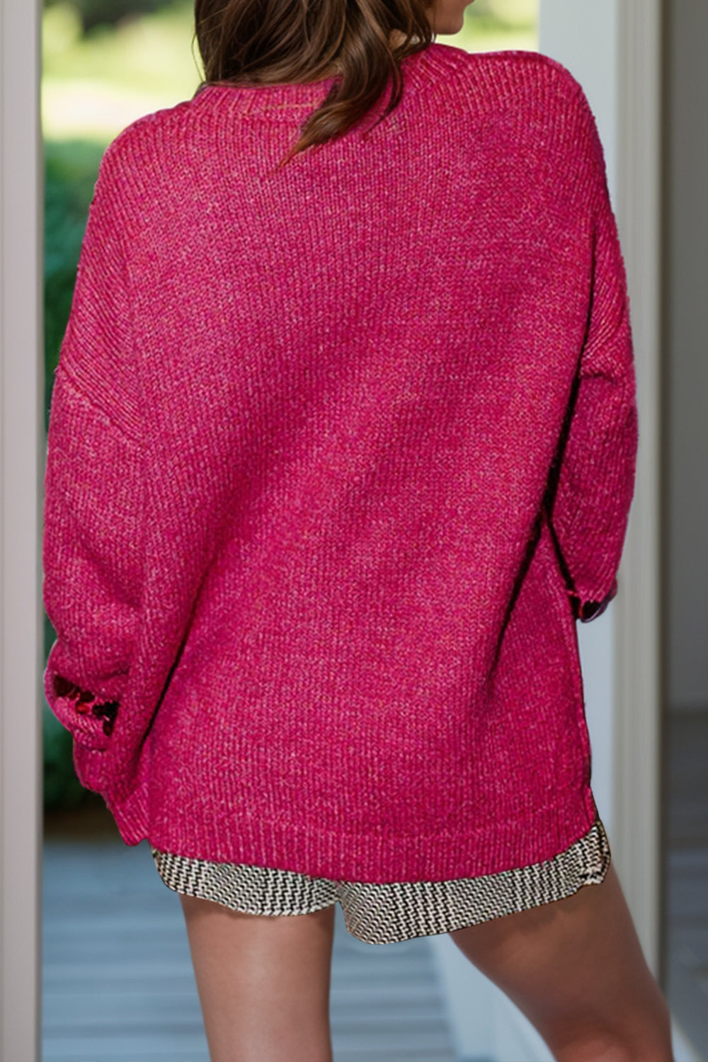 Sequin embellished knit sweater in Deep Rose with crew neck and long sleeves.