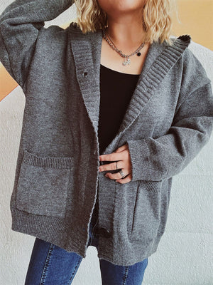 Dark gray chunky knit hooded button-down cardigan with pockets