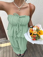 Gum Leaf tube top and wide-leg pants set with tiered ruffles and tie front detail.