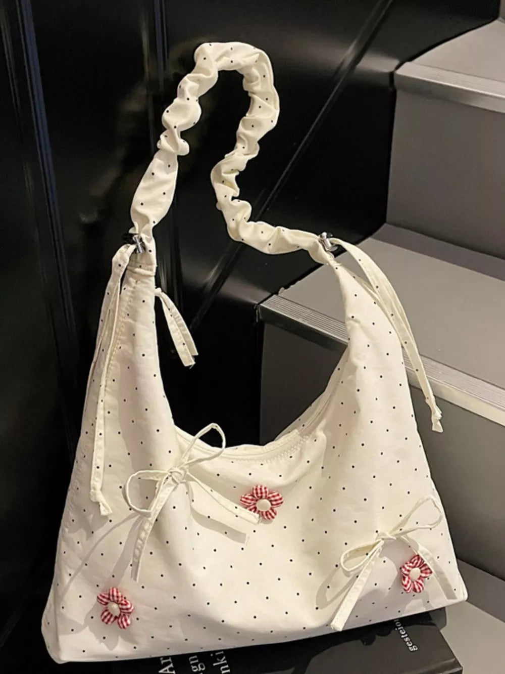 Floral Embellished Shoulder Bag in Cream, model styling view