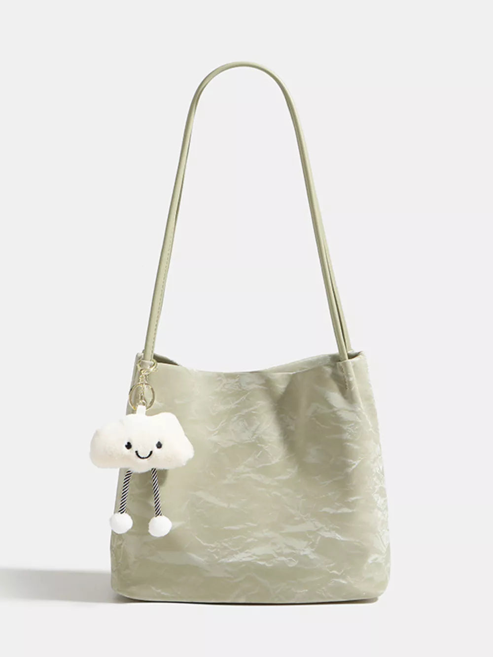 Sleek green pu leather shoulder bag with crinkled texture and cloud charm