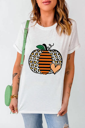 White t-shirt with leopard print pumpkin graphic and orange striped center.