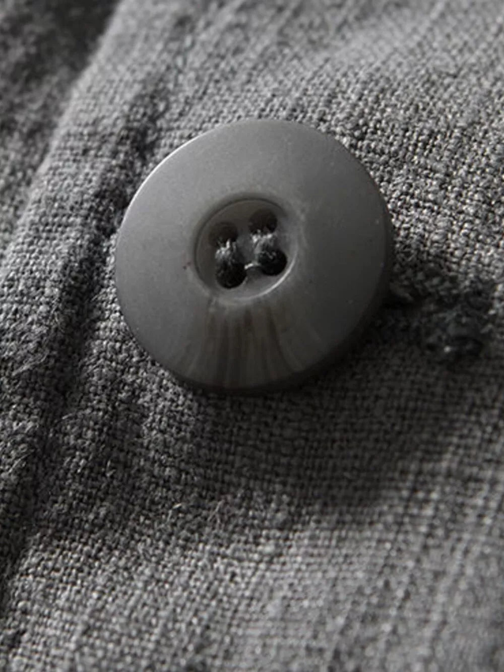 Grey long sleeve blazer detail showing a dark grey button with four holes on textured fabric.