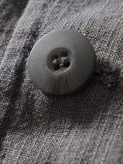Grey long sleeve blazer detail showing a dark grey button with four holes on textured fabric.