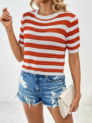 Open-knit striped crew neck top in orange and white with short sleeves.