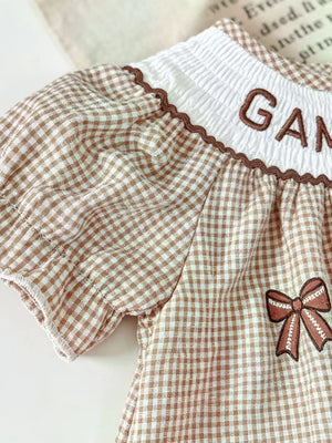 Children's Gingham Football Puff Sleeve Dress in Brown, close-up detail