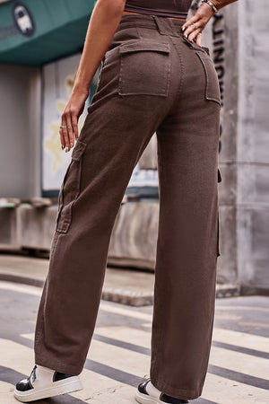 Brown utility pocket wide leg cargo pants with a relaxed fit.