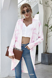 Skywash Duster Cardigan in blush pink tie-dye, open front, long sleeve