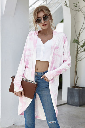 Skywash Duster Cardigan in blush pink tie-dye, open front, long sleeve