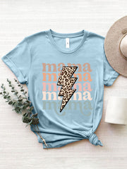 Light blue graphic t-shirt with leopard print lightning bolt and "mama" text.