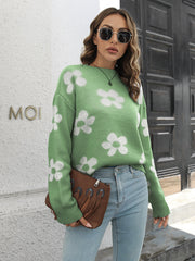 Green floral knit crewneck sweater with white flowers, acrylic, long sleeves