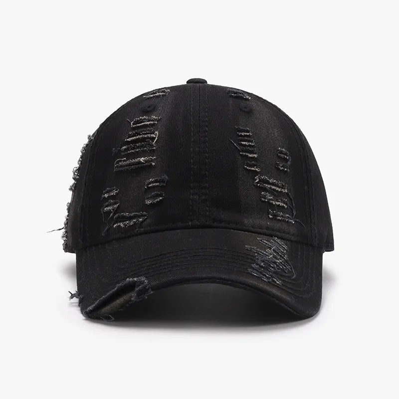 Black distressed canvas baseball cap with ripped details