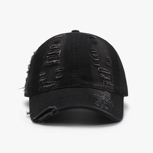 Black distressed canvas baseball cap with ripped details