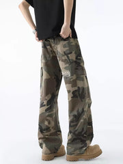 Men's camo wide leg cargo pants with distressed details and large pockets.