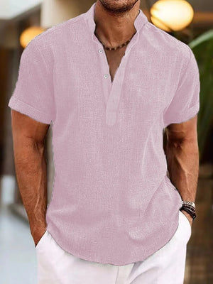 Dusty Pink linen blend henley shirt with mandarin collar and short sleeves.