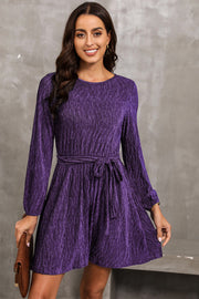 Violet textured pleated mini dress with long sleeves and waist tie, styled with a clutch.