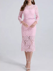 Pink lace midi dress with sheer sleeves, corseted bodice, and satin belt.
