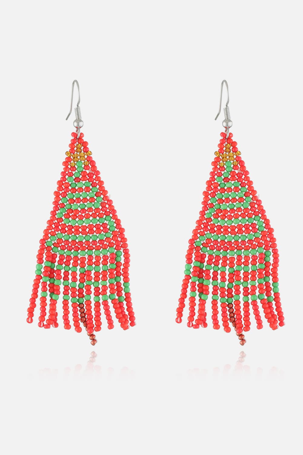 Red and green beaded Christmas tree drop earrings with fringe detail.
