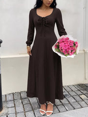 Long Sleeve Tie-front Maxi Dress in Brown, close-up detail