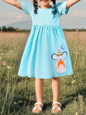 Mint blue polka dot toddler dress with cartoon character applique and short sleeves.