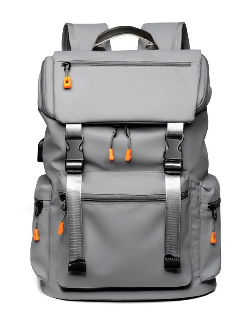 Gray tech-utility backpack with contrast orange zipper pulls and silver buckles.