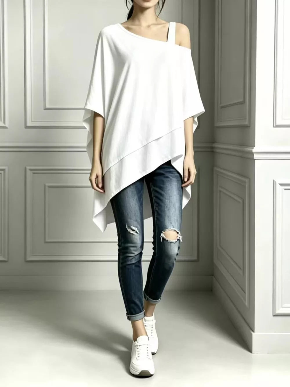 Full Size Asymmetrical Neck Short Sleeve T-shirt Plus Size in Navy, back view