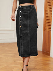 Denim midi skirt in dark wash with button front and thigh slit