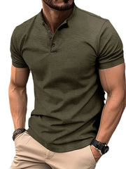 Army green short sleeve Henley polo shirt with mandarin collar and buttoned placket.