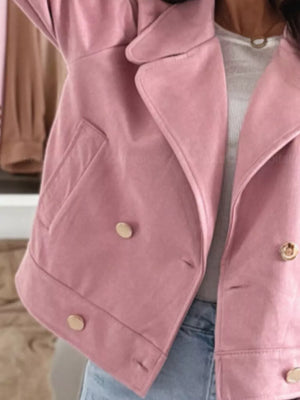 Chic Double-breasted Cropped Jacket in Dusty Pink, view 11