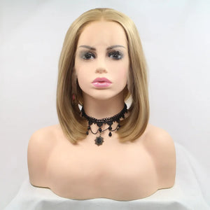 Blonde bob lace front wig with a natural hairline and khaki color.