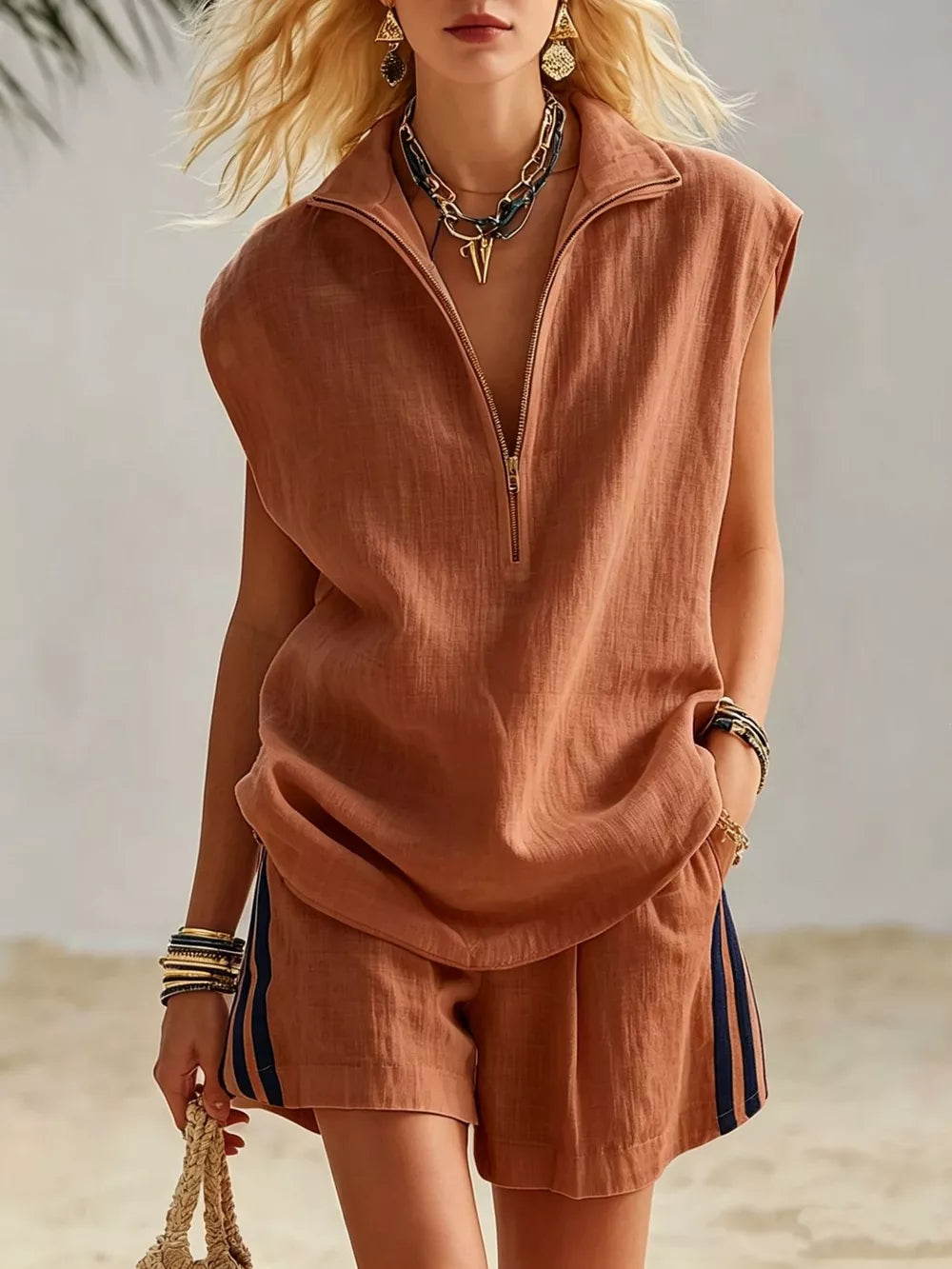 Chic Zip-front Sleeveless Top & Pleated Shorts Set