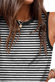 Black and white striped tank top with contrast trim and crew neck.