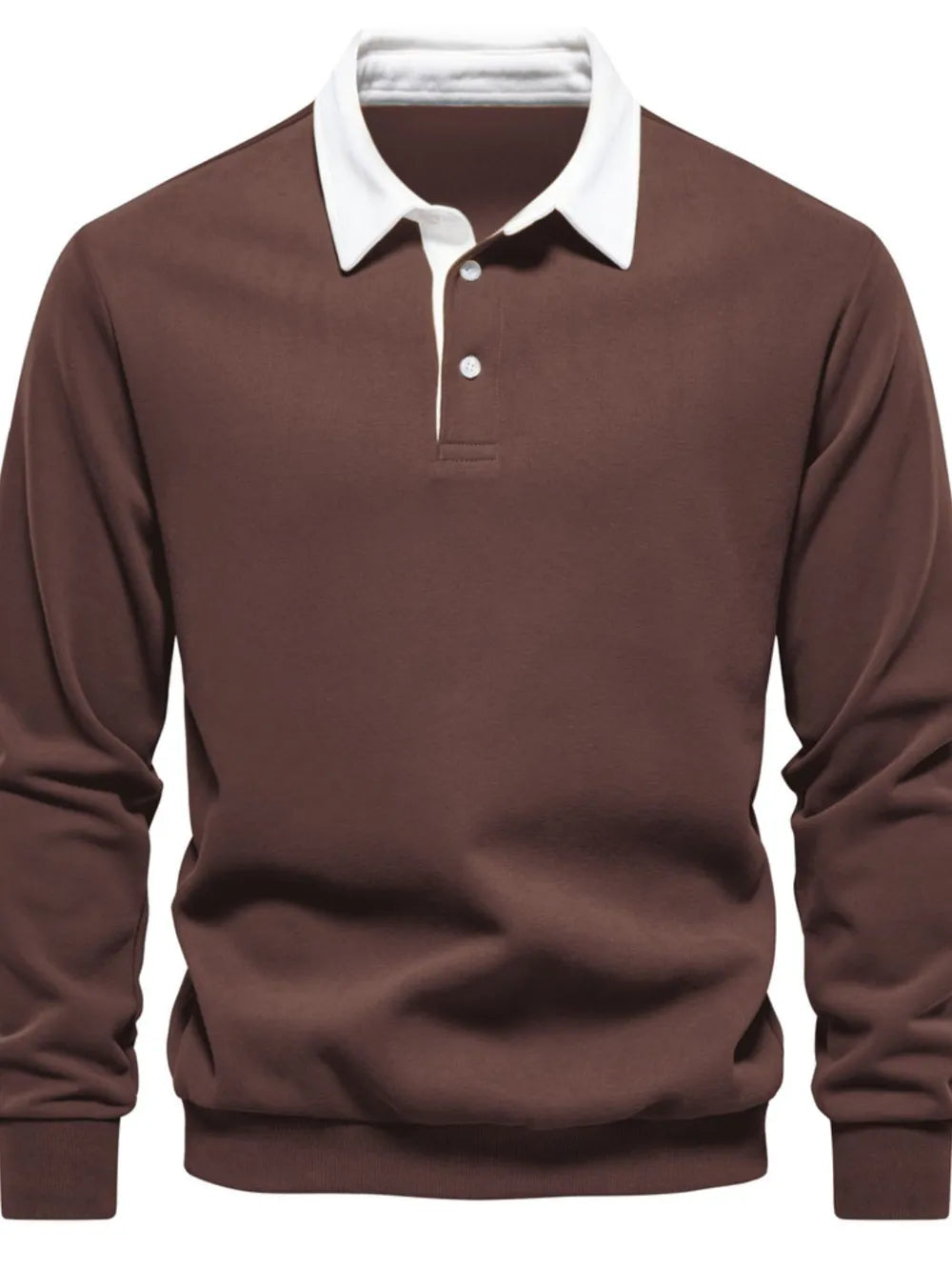 Brown long sleeve sweatshirt with white collar and button placket.