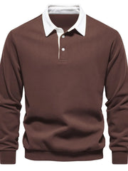 Brown long sleeve sweatshirt with white collar and button placket.
