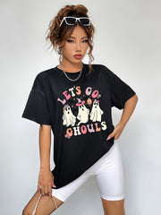 Black t-shirt with retro ghost graphic and "Let's Go Ghouls" text