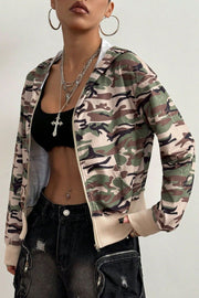Camo bomber hoodie with ribbed trim and zip front, styled with a black crop top.