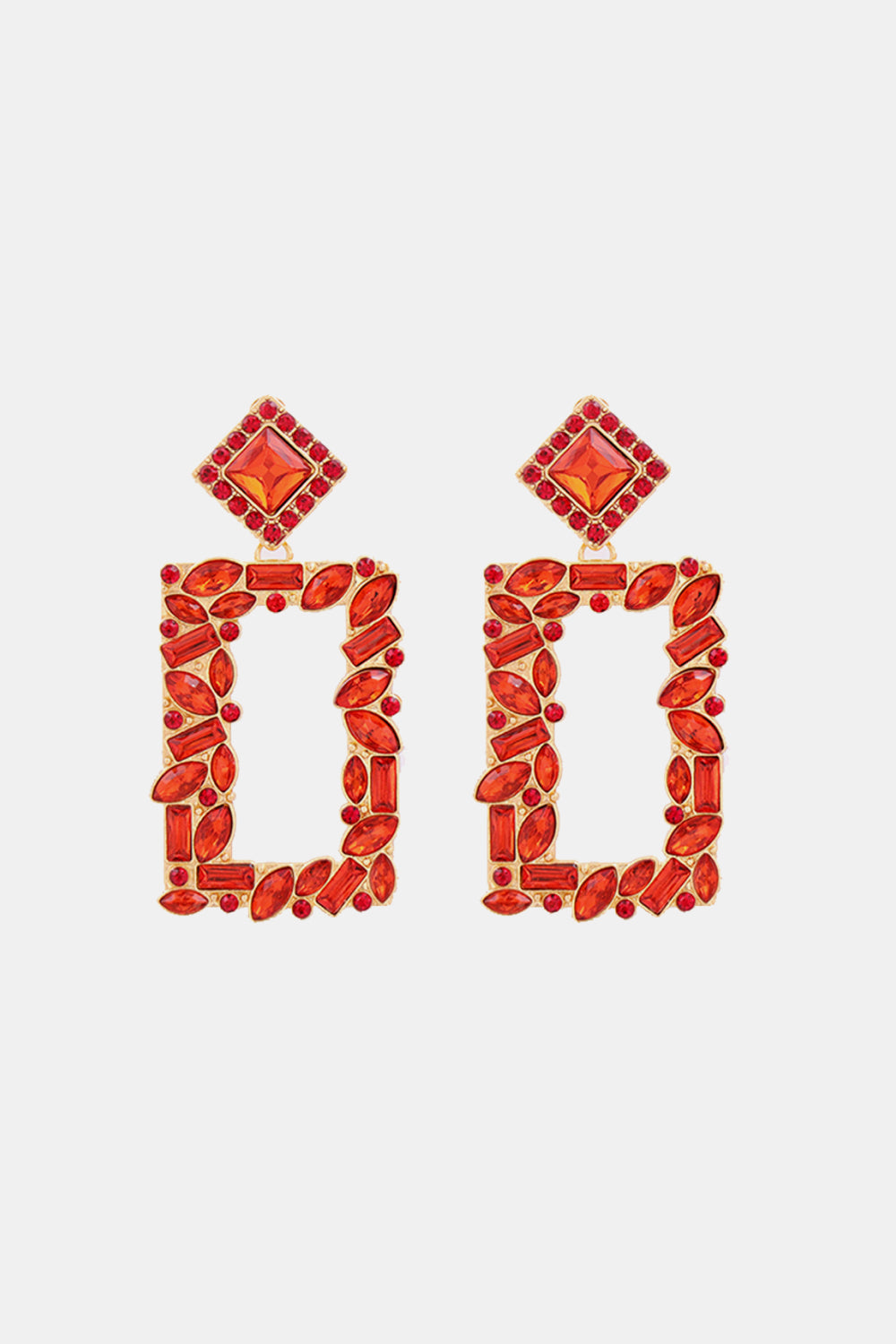 Red geometric jewel box earrings with gold alloy frames and crystal embellishments.