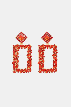 Red geometric jewel box earrings with gold alloy frames and crystal embellishments.